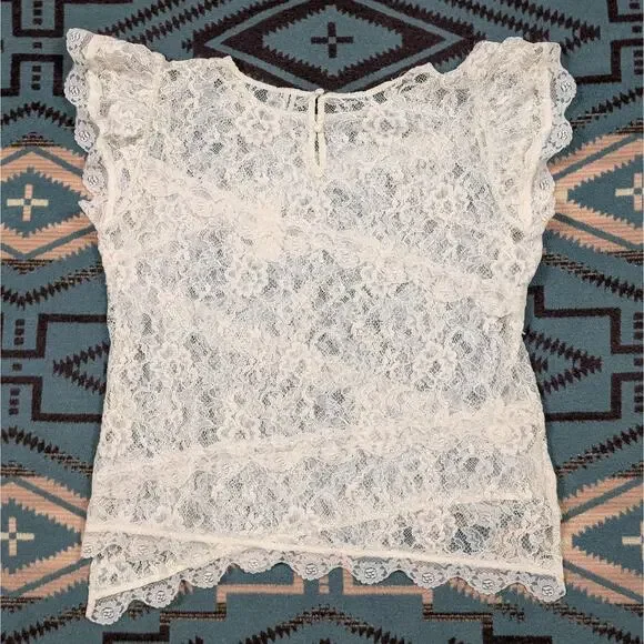 NWT Anthropologie Medium Sheer Lace Short Sleeve White Blouse Fairy Whimsical - Picture 7 of 11